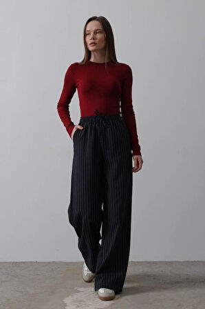 Beli Lastikli Bol Paça Pantolon  LacivertBeyaz