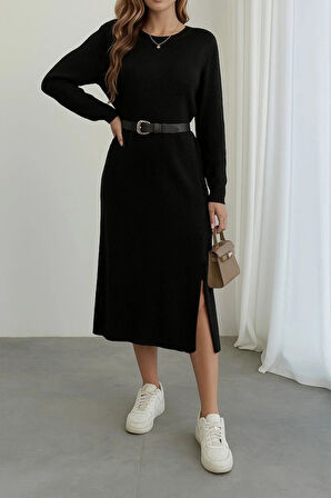 Kadın Uzun Kollu Bisiklet Yaka Yandan Yırtmaçlı Midi Triko Elbise