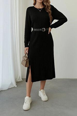 Kadın Uzun Kollu Bisiklet Yaka Yandan Yırtmaçlı Midi Triko Elbise