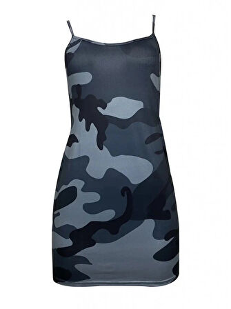 Kadın Ip Askılı Kamuflaj Baskılı Viskon Elbise