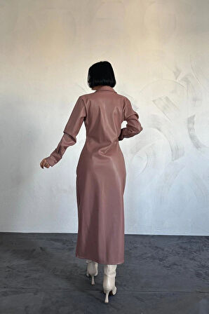 Pudra Boydan Düğmeli Deri Elbise