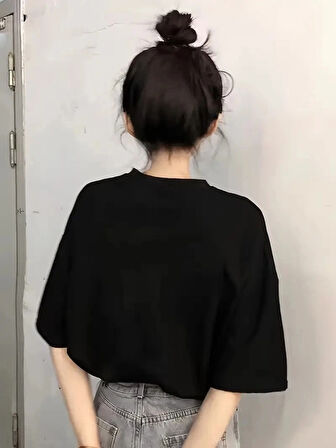 Baskılı Oversize Bisiklet Yaka Tshirt  iyah