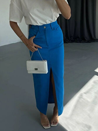 GABARDİN UZUN ÖNDEN YIRTAÇI ETEK  aks