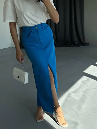 GABARDİN UZUN ÖNDEN YIRTAÇI ETEK  aks