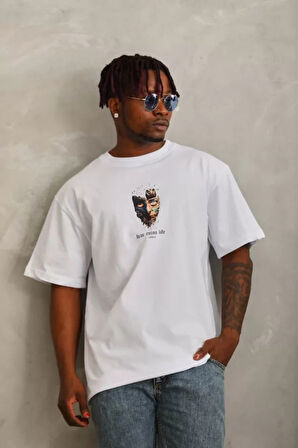 Unisex Oversize Baskılı Bisiklet Yaka Thirt  Beyaz