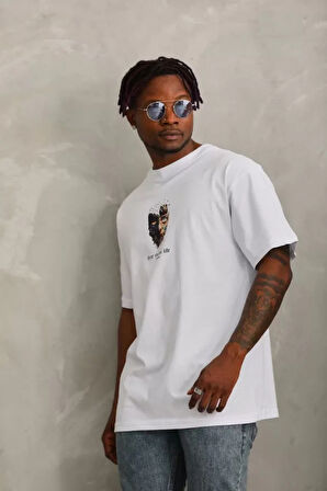 Unisex Oversize Baskılı Bisiklet Yaka Thirt  Beyaz