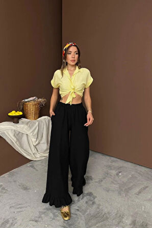 iyah Paçası Fırfırlı Keten Pantolon