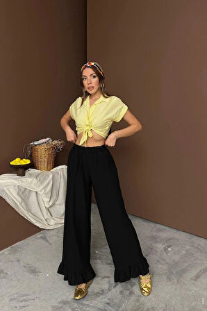 iyah Paçası Fırfırlı Keten Pantolon