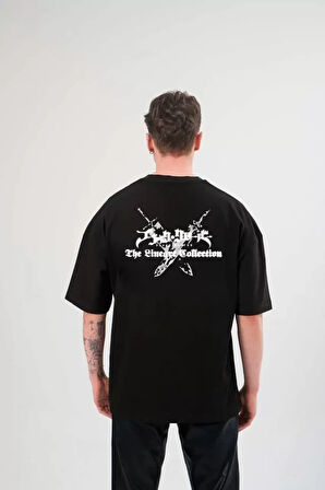 Unisex Bisiklet Yaka Baskılı Oversize Thirt  iyah