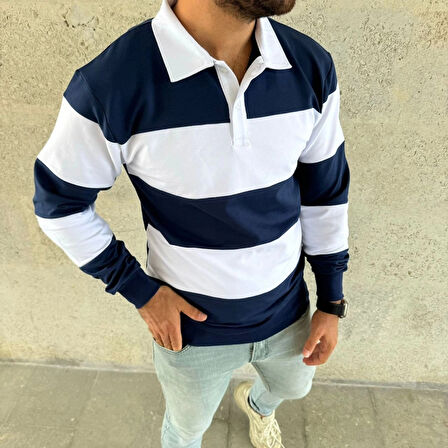 Erkek Polo Yaka Uzun Kollu Çizgili weatshirt Trend Rugby til  acivert