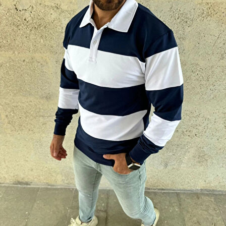 Erkek Polo Yaka Uzun Kollu Çizgili weatshirt Trend Rugby til  acivert