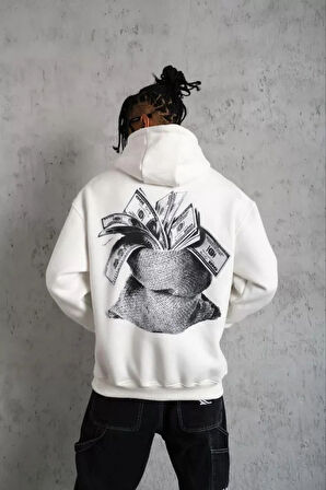 Erkek Kanguru Cep Baskılı Kapüşonlu weatshirt  Beyaz