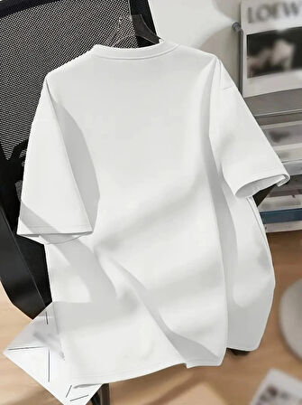 Baskılı Oversize Bisiklet Yaka Tshirt  Beyaz