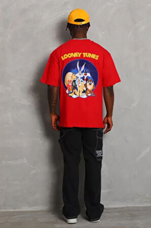 Unisex Oversize Baskılı Bisiklet Yaka Thirt  Kırmızı