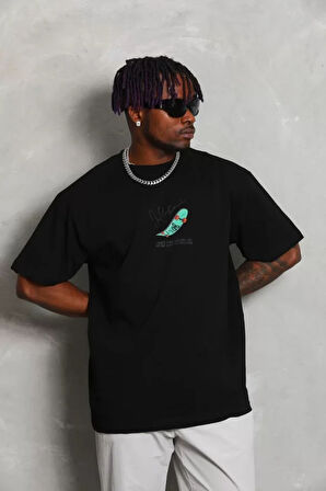 Unisex Oversize Baskılı Bisiklet Yaka Thirt  iyah