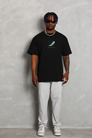 Unisex Oversize Baskılı Bisiklet Yaka Thirt  iyah