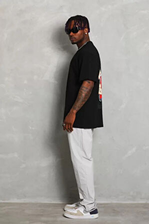 Unisex Oversize Baskılı Bisiklet Yaka Thirt  iyah