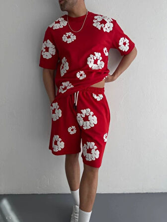 İki İplik Kumaş Baskılı Tshirt Şortlu Takım Kırmızı