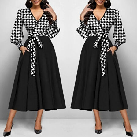 Kadın Uzun Kollu Kruvaze Yaka Dalgıç Krep Midi Boy Elbise