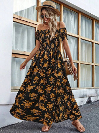 Kadın Kısa Kollu Madonna Yaka Yırtmaçlı çiçek Desenli Süprem Elbise