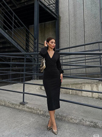 Kadın Uzun Kollu Kruvaze Yaka Büzgü Ve Balon Kol Detay Krep Kumaş axi Boy imli Elbise