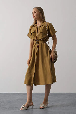 Kuşaklı Cep Detaylı Yarım Kol Elbise  Yağ Yeşili