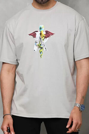 Unisex Bisiklet Yaka Baskılı Oversize Thirt  Gri