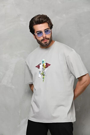 Unisex Bisiklet Yaka Baskılı Oversize Thirt  Gri