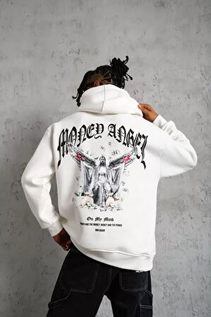 Erkek Kordon İpli Baskılı Kapüşonlu weatshirt  Beyaz