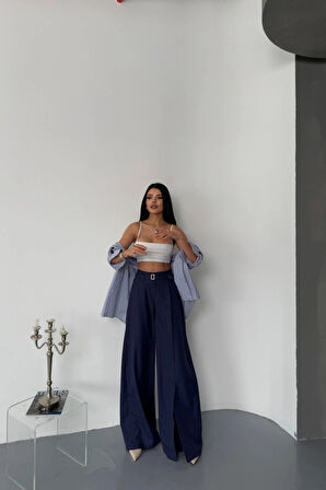 ALAŞ ÖNDEN YIRTAÇ DETAYLI BEL KEERLİ PANTOLON  Lacivert