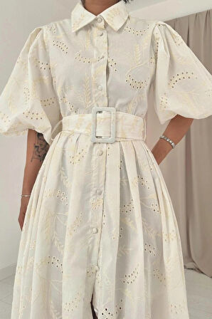 Ekru Pileli Balkon Elbise