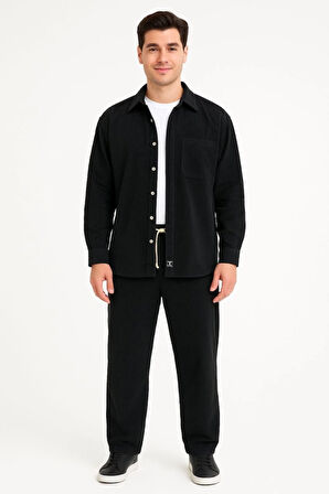 Erkek Kadife Oversize Takım – Gömlek Ve Pantolon İkili et Füme Corduroy Şıklığı, Rahat Ve Zarif Duruş Yumuşak Dokulu Kadife Kumaş, Düğmeli Gömlek Üst Ve astikli Pantolon Alt Parça Ile Gün Boyu Konfor iyah