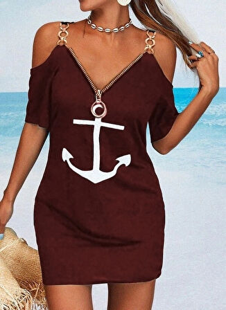Fermuar Detay çıpa Baskılı Zincir Askılı Iki Iplik Elbise  Bordo