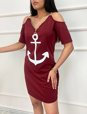 Fermuar Detay çıpa Baskılı Zincir Askılı Iki Iplik Elbise  Bordo