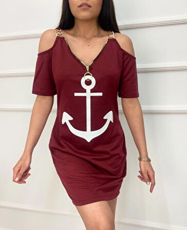 Fermuar Detay çıpa Baskılı Zincir Askılı Iki Iplik Elbise  Bordo