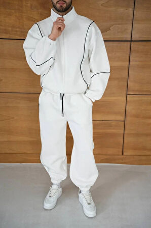 Erkek Premium Parçalı Eşofman Takım  Dik Yaka Fermuarlı Biyeli weatshirt astik Paça Alt, Oversize 3 Iplik Şardonlu  Beyaz