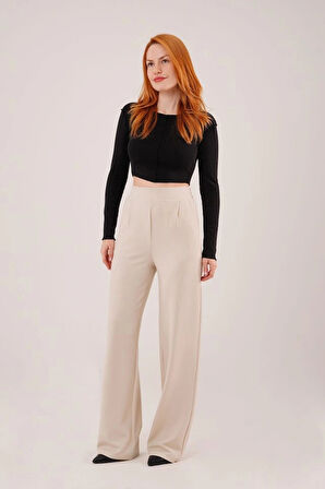Yüksek Bel Bol Paça Krep Krem Pantolon