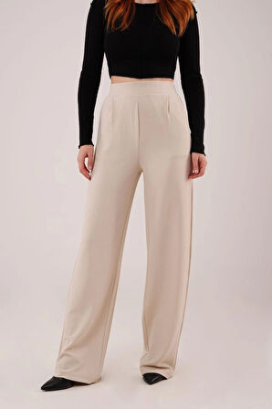 Yüksek Bel Bol Paça Krep Krem Pantolon