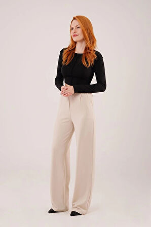 Yüksek Bel Bol Paça Krep Krem Pantolon