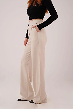 Yüksek Bel Bol Paça Krep Krem Pantolon