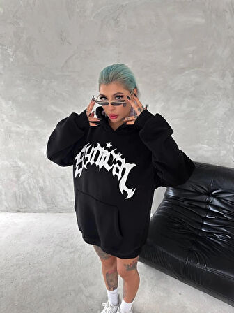 Unisex Üç İplik Kapşonlu Baskılı weathirt  iyah