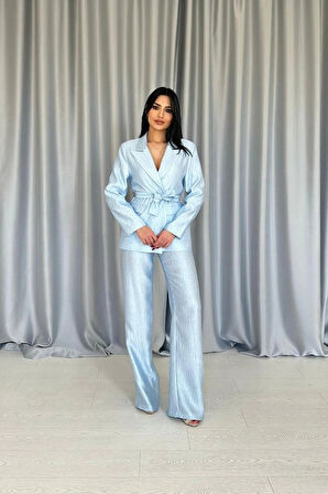 avi Beli Kuşaklı Ceket Ve Pantolon Parlak Takım