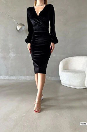 Kadın Kadife Kumaş Kruvaze Yaka Balon Kol Ve Yırtmaç Detaylı idi Boy Elbise