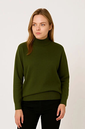 Yarım Boğaz Triko Kazak Yumuşak Dokulu Pamuklu Ince Dokuma, Uzun Kollu Rahat Regular Kalıp  Haki