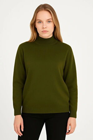 Yarım Boğaz Triko Kazak Yumuşak Dokulu Pamuklu Ince Dokuma, Uzun Kollu Rahat Regular Kalıp  Haki