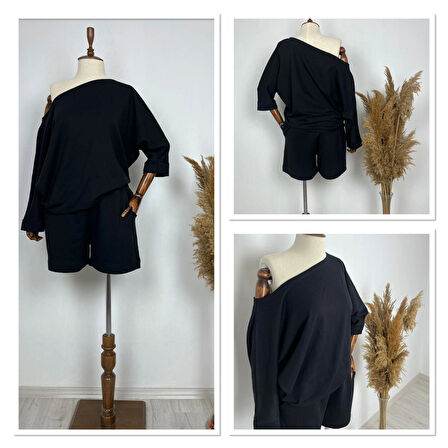 Kadın Kayık Yaka Oversize Asimetrik Bluz Ve şort Iki Iplik Takım