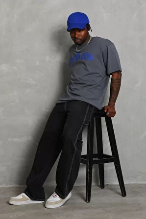 Unisex Oversize Baskılı Bisiklet Yaka Thirt  Füme