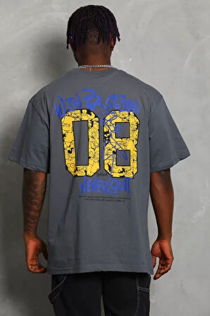 Unisex Oversize Baskılı Bisiklet Yaka Thirt  Füme