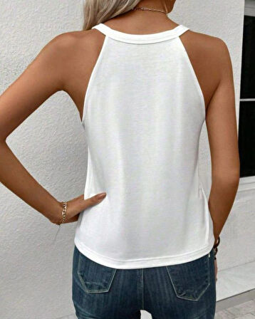 Kadın Sıfır Kol Halter Yaka Kalp Baskılı Viskon Bluz