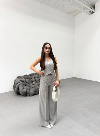 Toskana Çi̇zgi̇li̇ Kruvaze Yaka Tek Düğmeli̇ Yelek Pantolon Takim